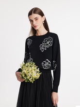 A lady wears a floral jacquard sweater.
